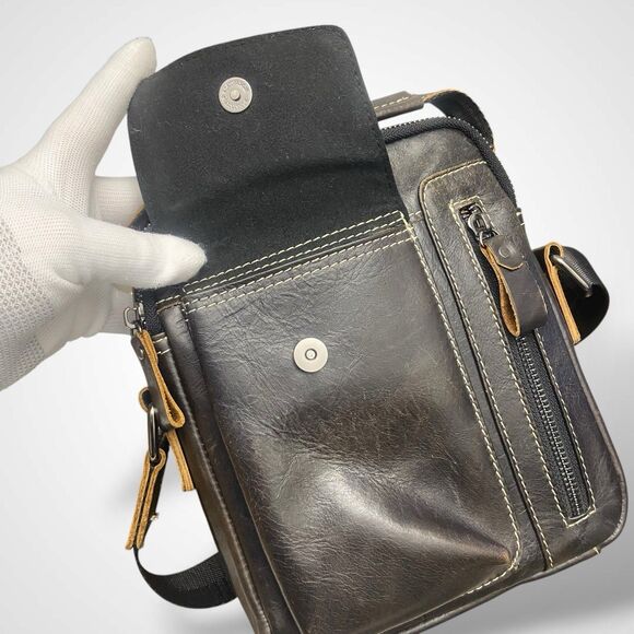 Bull Captain Men Crossbody Bag Distressed Brown Genuine Leather Adjustable Strap - Picture 6 of 8
